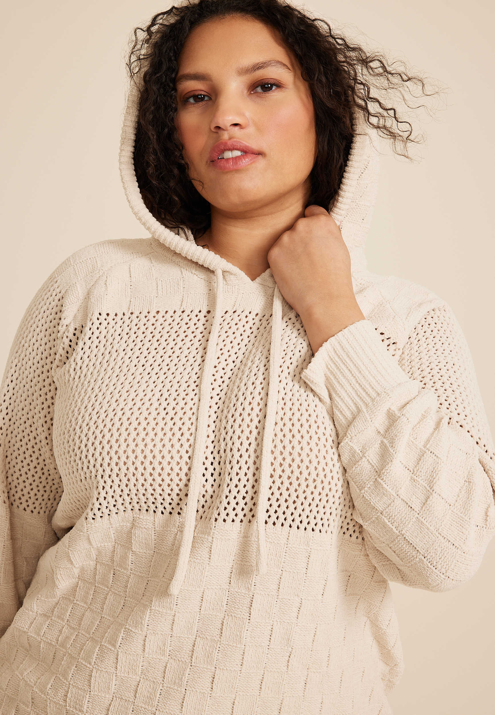 Plus Size Textured Stitch Hooded Sweater, C9747, large