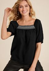 Embroidered Puff Sleeve Top, , small