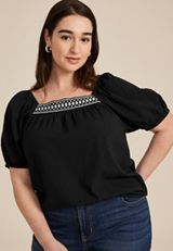 Plus Size Embroidered Puff Sleeve Top, BLACK, small