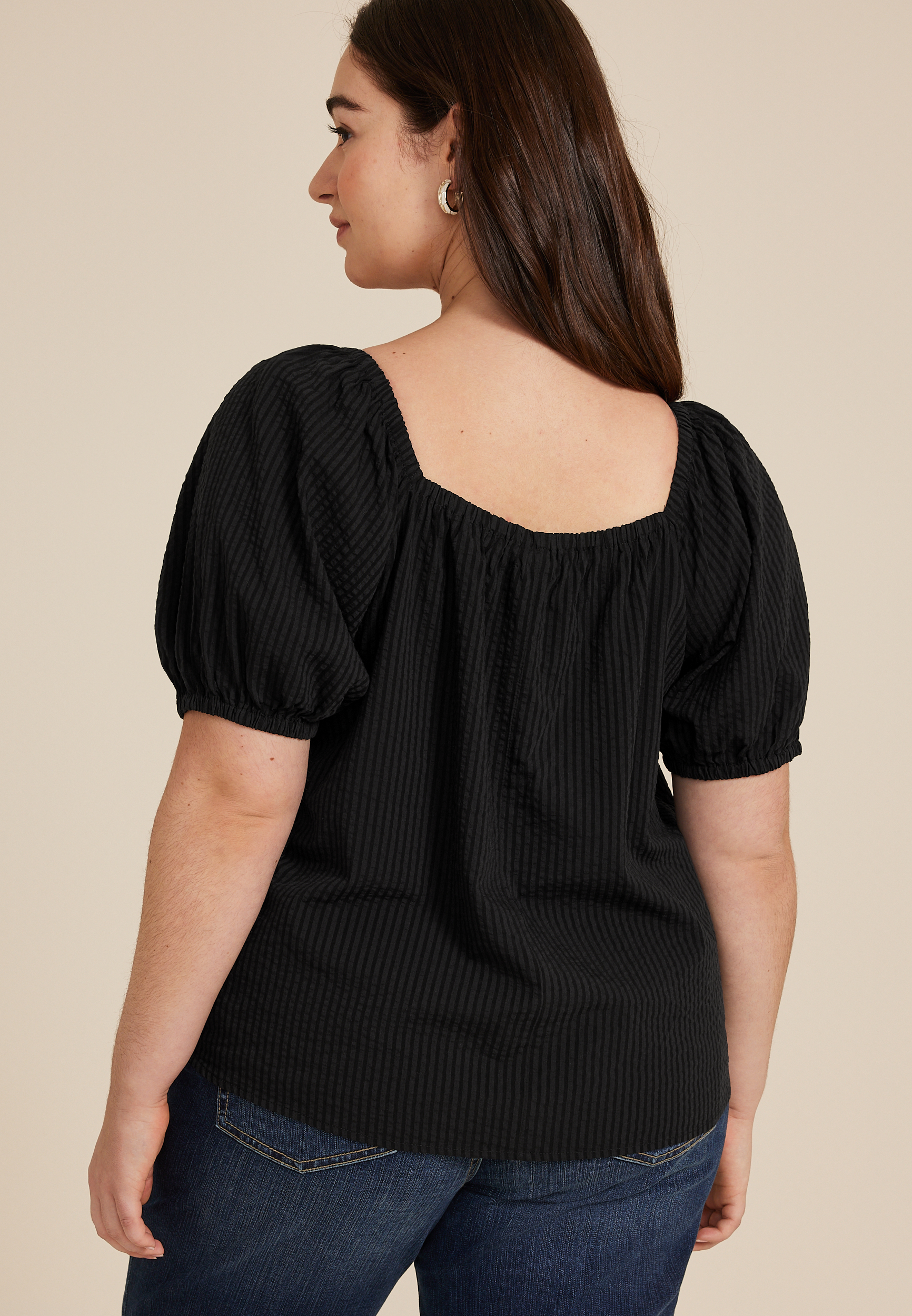 Plus Size Embroidered Puff Sleeve Top, BLACK, large