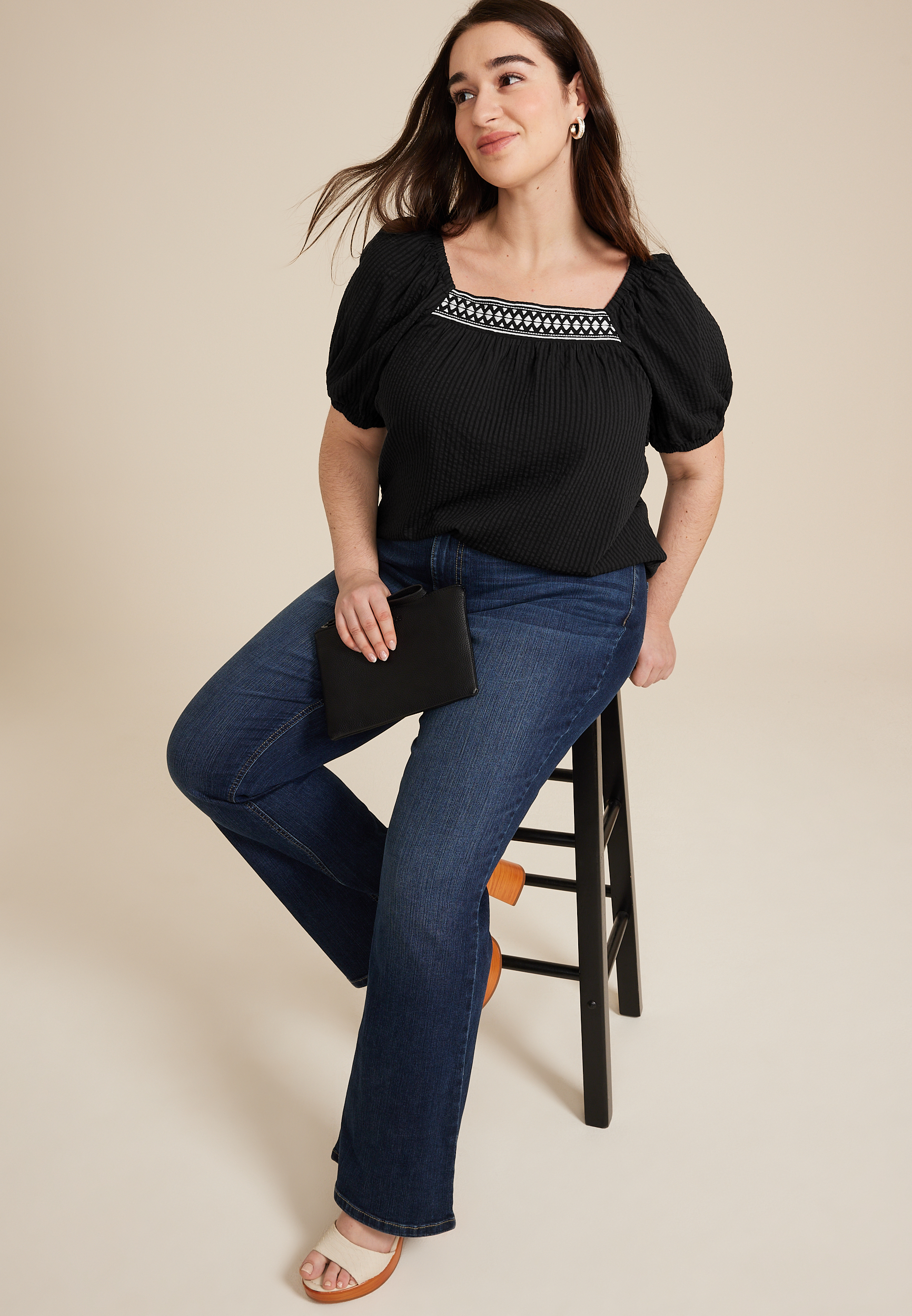 Plus Size Embroidered Puff Sleeve Top, BLACK, large