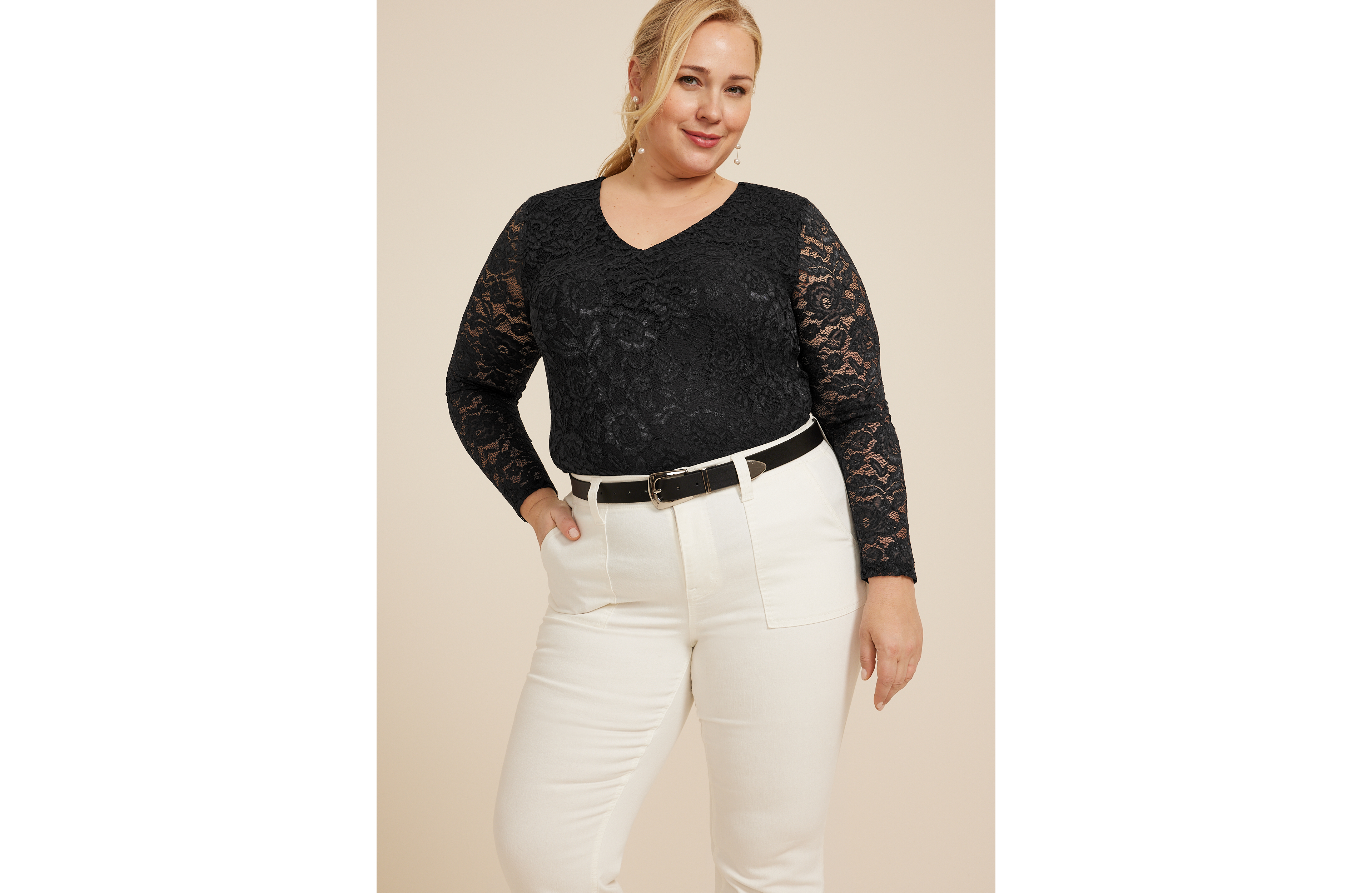 Plus Floral Lace V Neck Blouse