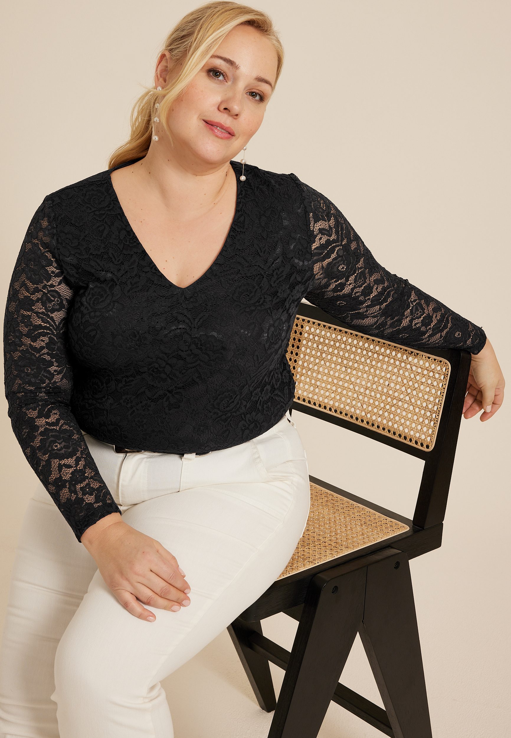 Plus Size Floral Lace V Neck Blouse, C4353, large