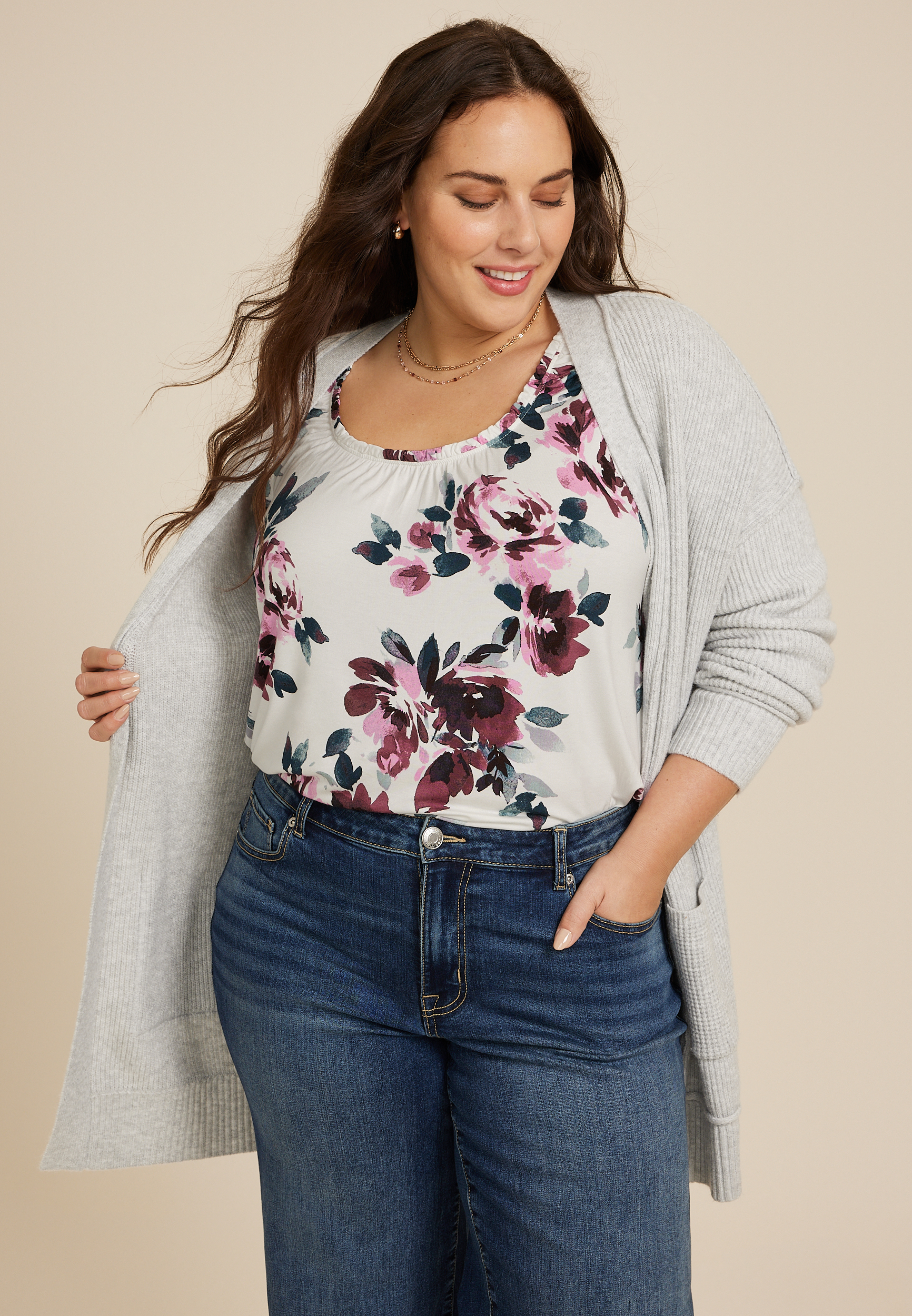 Plus Size Effortless Ruched Floral Tank Top, C2380, large