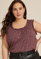 Plus Size Effortless Ruched Polka Dot Tank Top, COCOA BLUSH, small