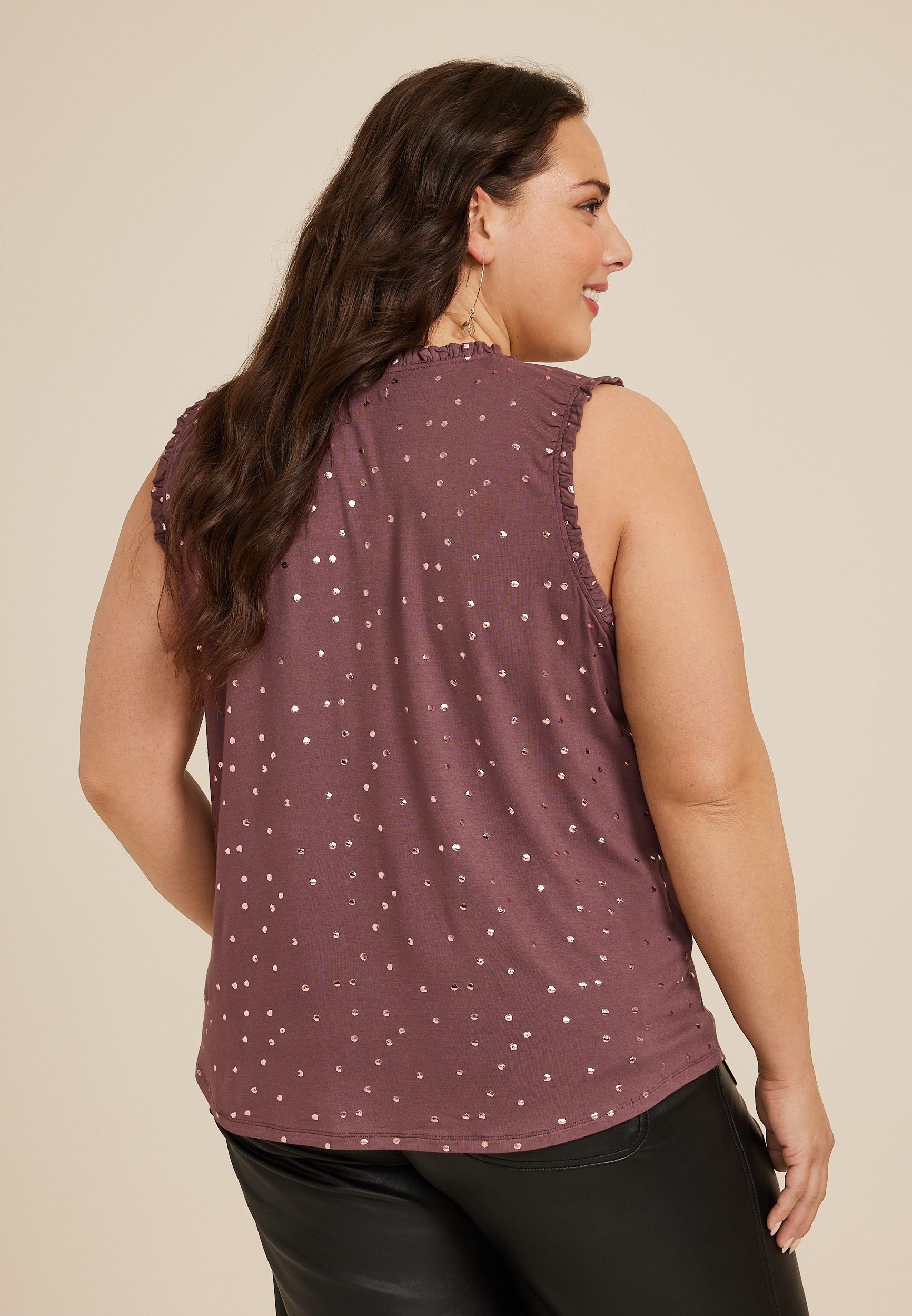 Plus Size Effortless Ruched Polka Dot Tank Top, COCOA BLUSH, large
