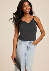 Sandwash Lace Trim V Neck Swing Cami, BLACK, small