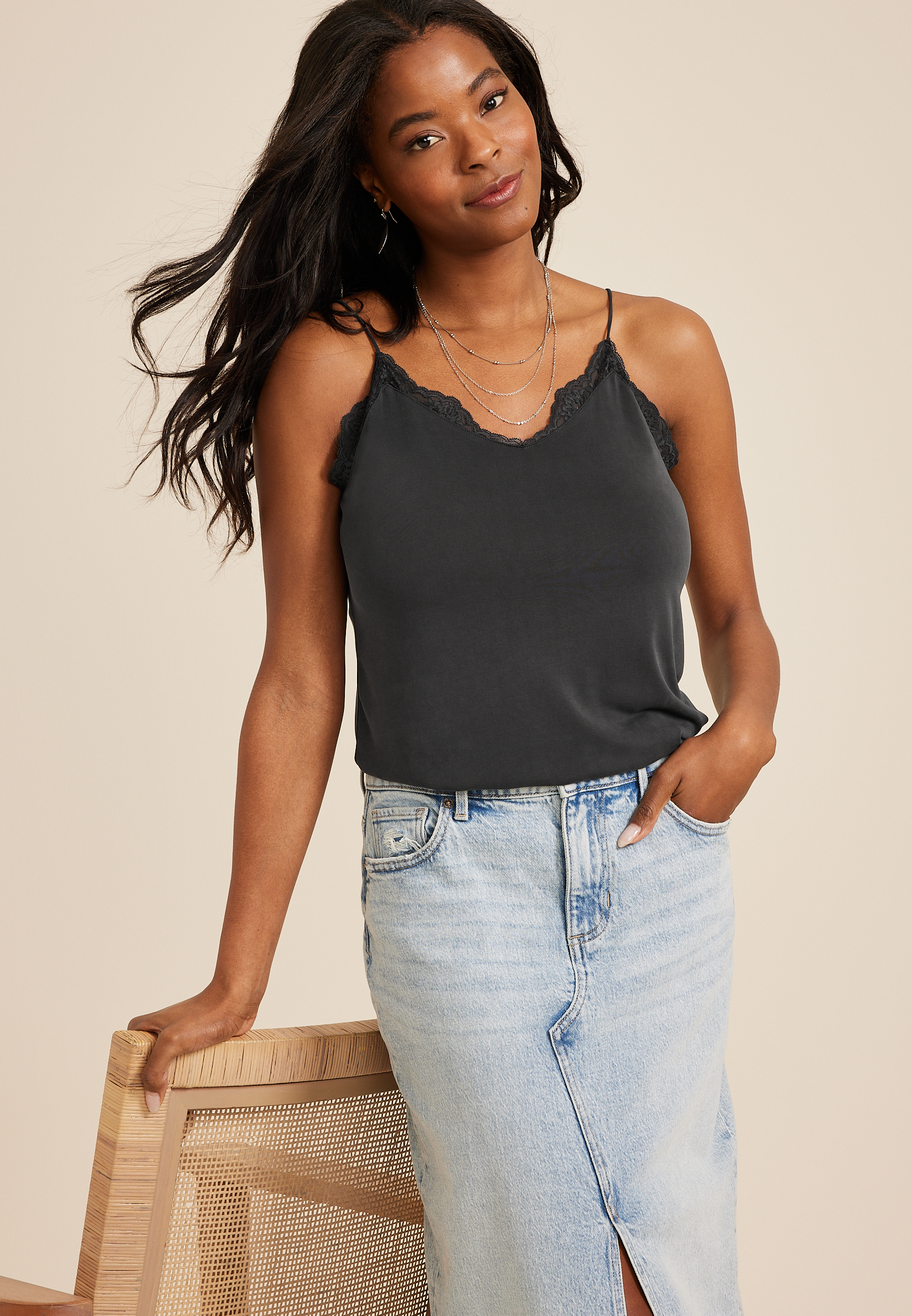 Sandwash Lace Trim V Neck Swing Cami, BLACK, large