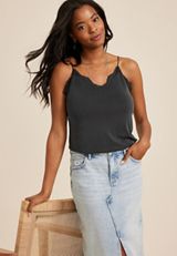 Sandwash Lace Trim V Neck Swing Cami, BLACK, small