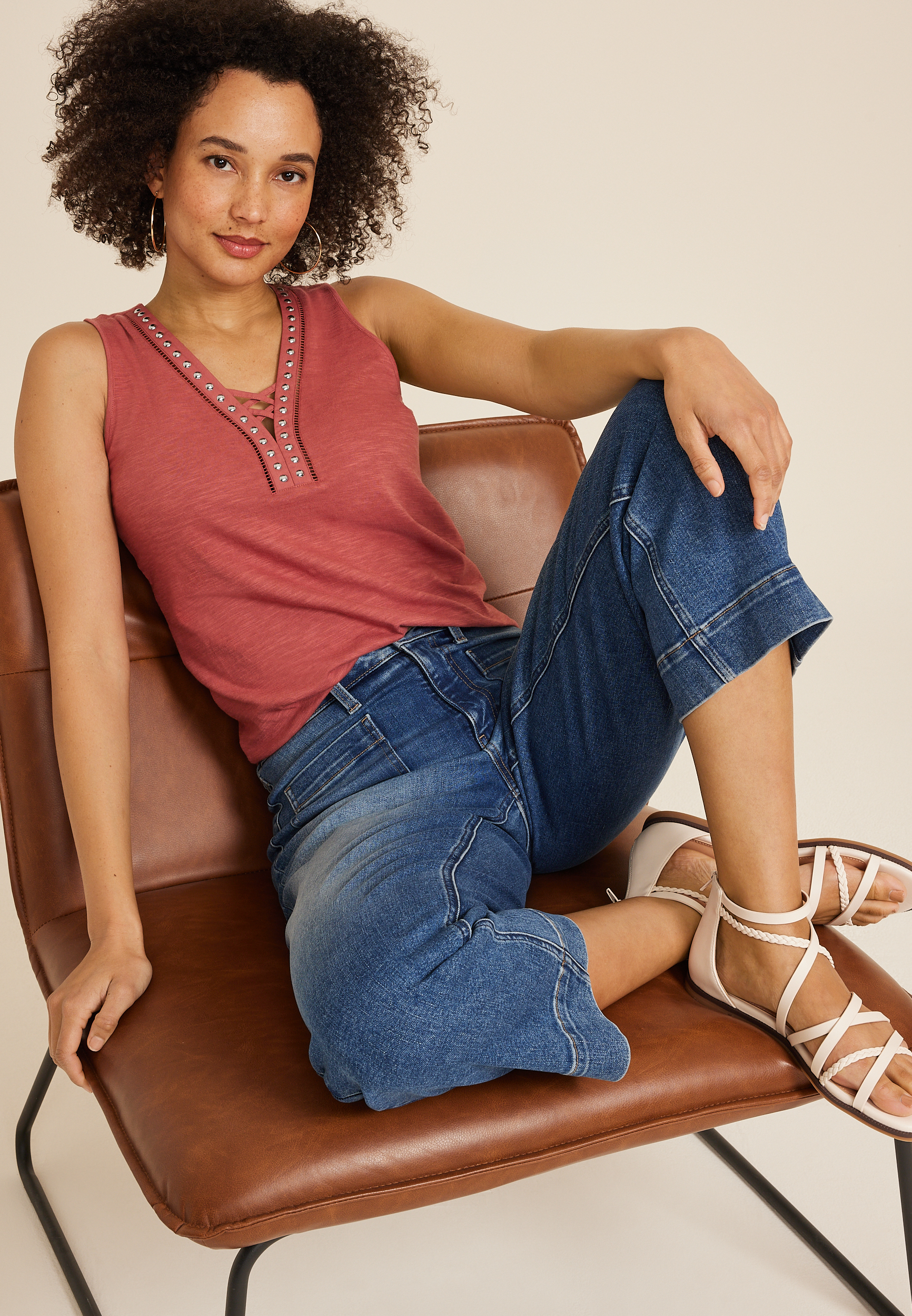 Studded Lattice V Neck Tank Top