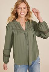 Crochet Trim Button Front Blouse, DUSTY OLIVE, small