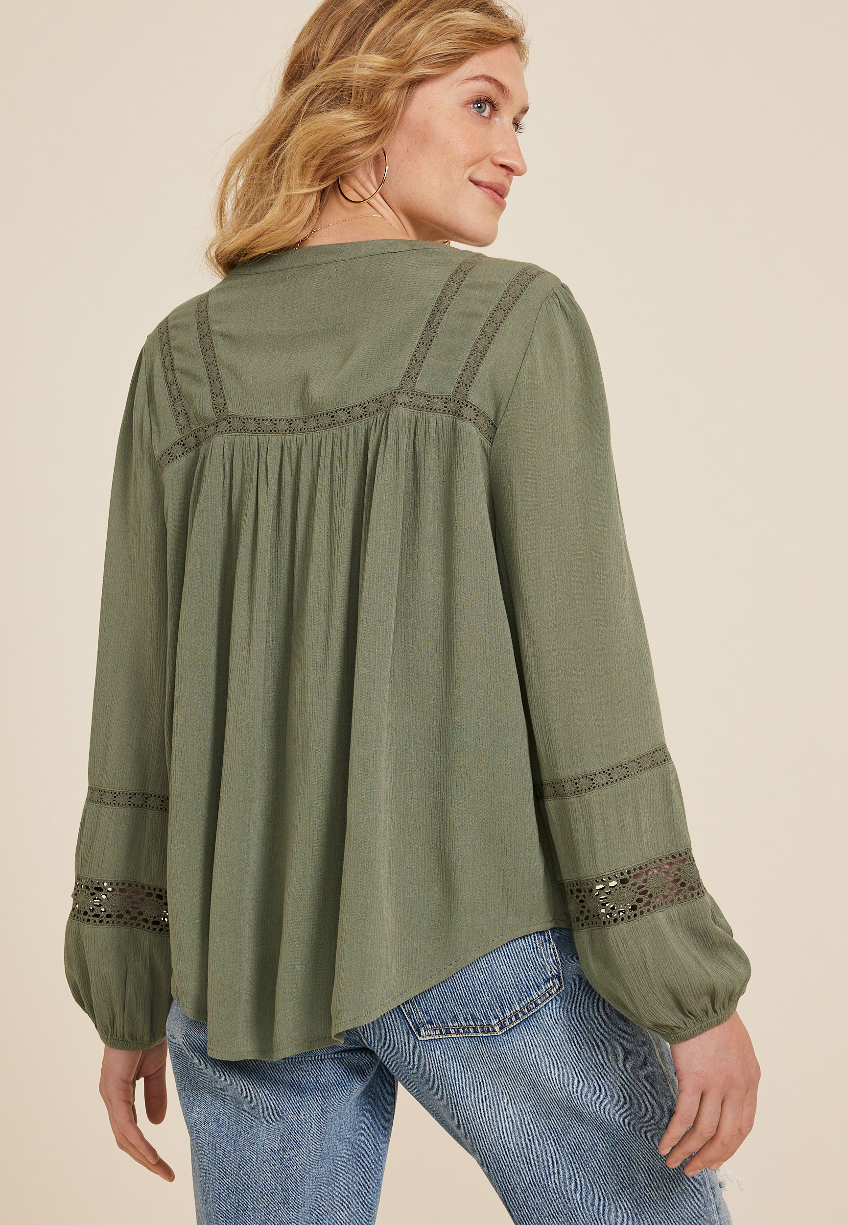 Crochet Trim Button Front Blouse, DUSTY OLIVE, large