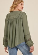 Crochet Trim Button Front Blouse, DUSTY OLIVE, small