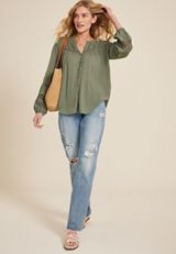 Crochet Trim Button Front Blouse, DUSTY OLIVE, small