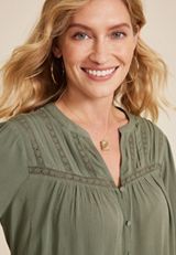 Crochet Trim Button Front Blouse, DUSTY OLIVE, small