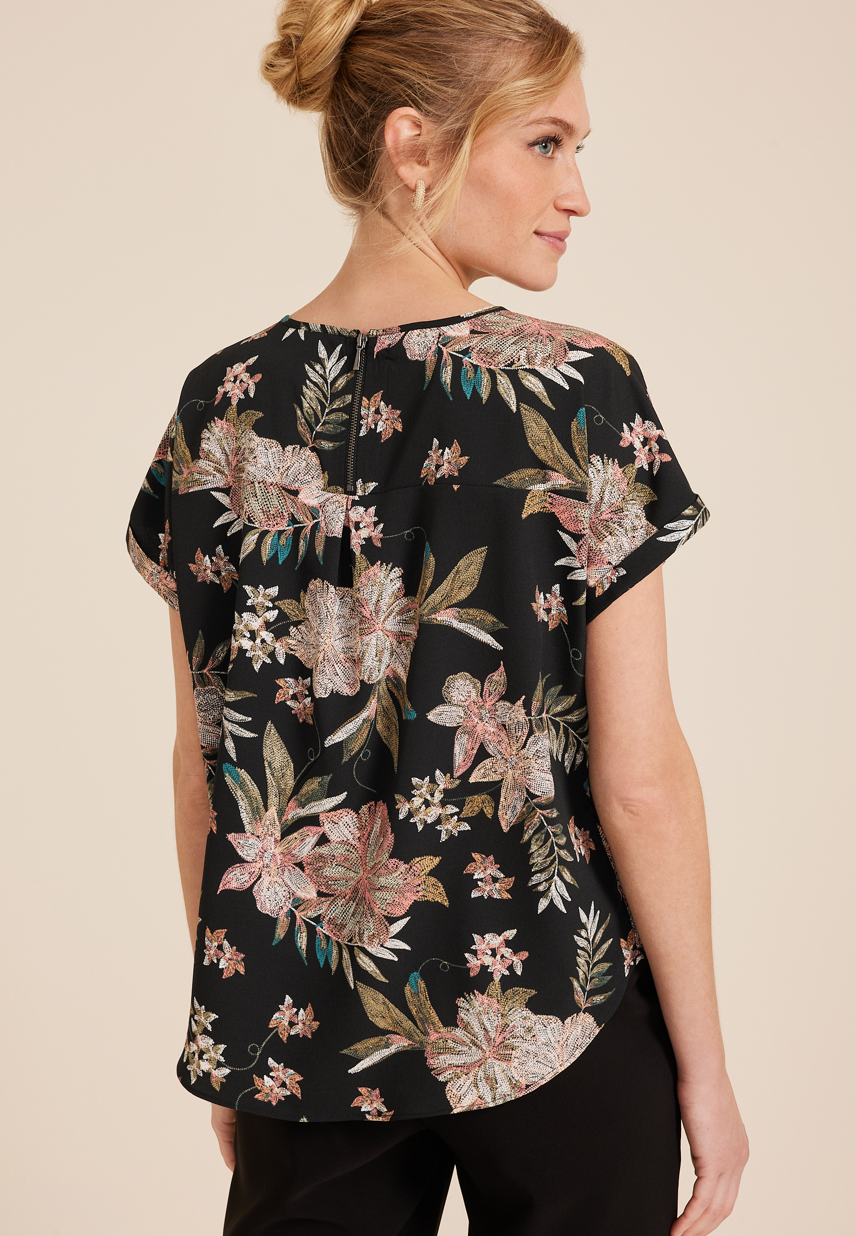 Delton Floral Zipper Back Blouse, BLACK COMBO, large