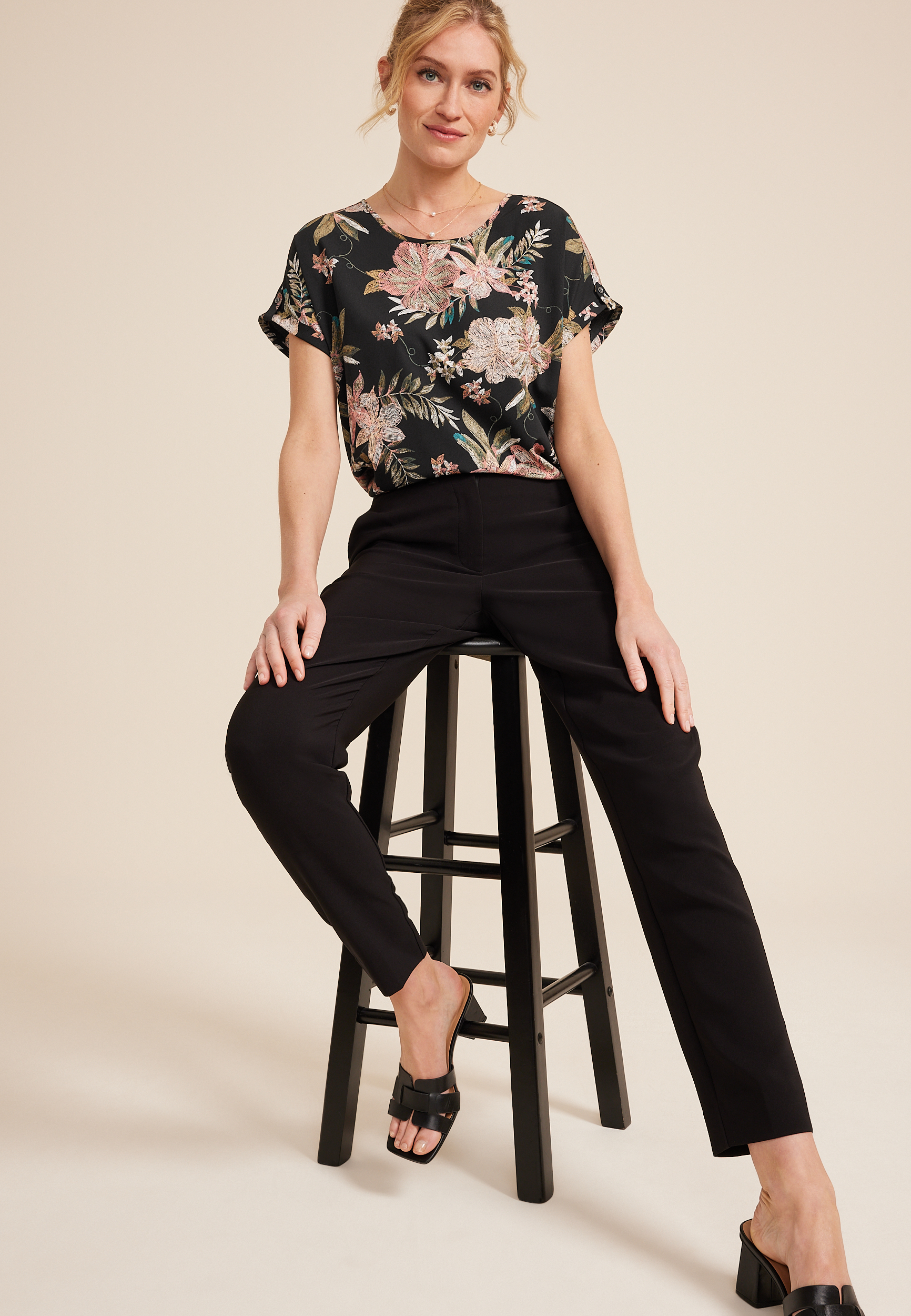 Delton Floral Zipper Back Blouse, BLACK COMBO, large