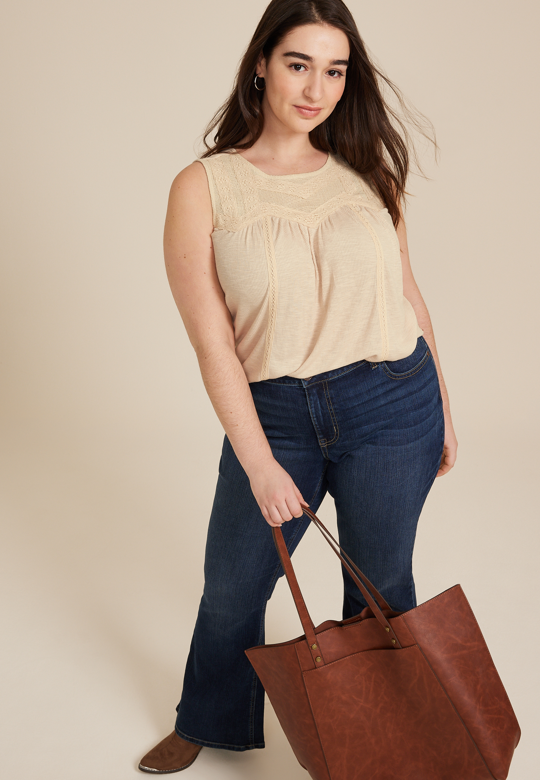 Plus Size Mixed Fabric Lace Tank Top, STORMY BLUSH, large