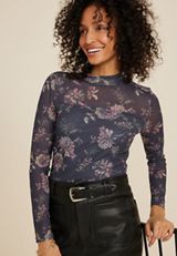 Floral Mesh Mock Neck Blouse, C3123, small