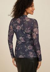 Floral Mesh Mock Neck Blouse, C3123, small