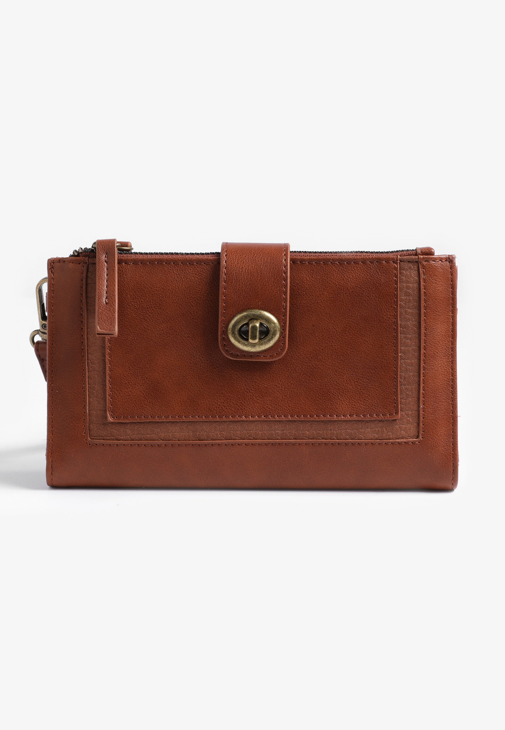 Double Zipper Oversized Wristlet Wallet, COGNAC, large