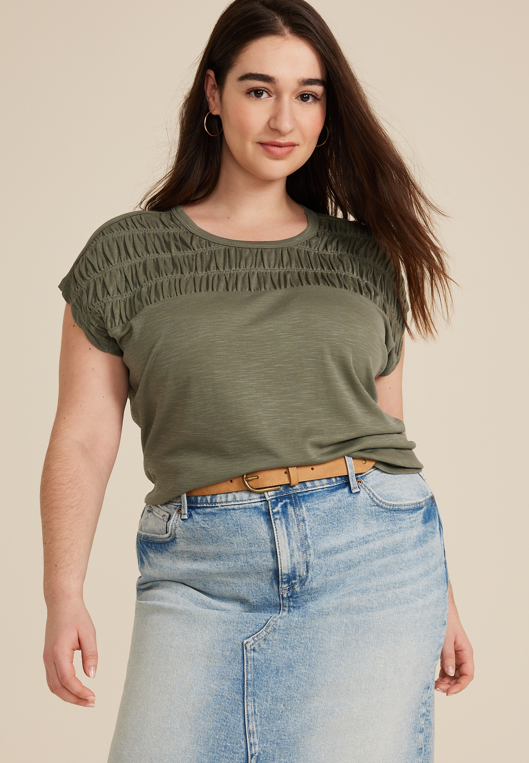 Plus Size Smocked Yoke Dolman Tee