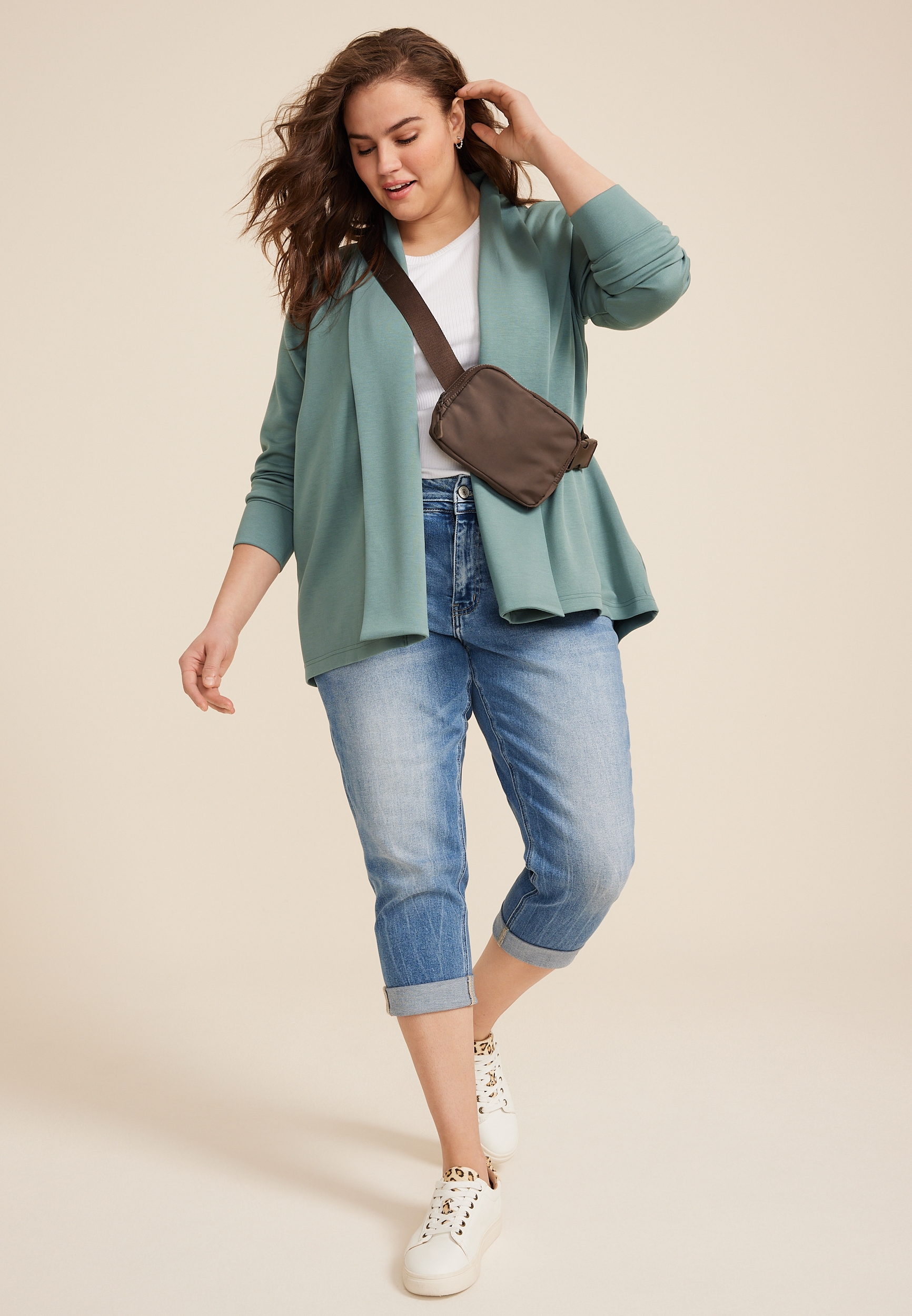 Plus Size Shawl Collar Scuba Knit Cardigan, SAGE FOG, large