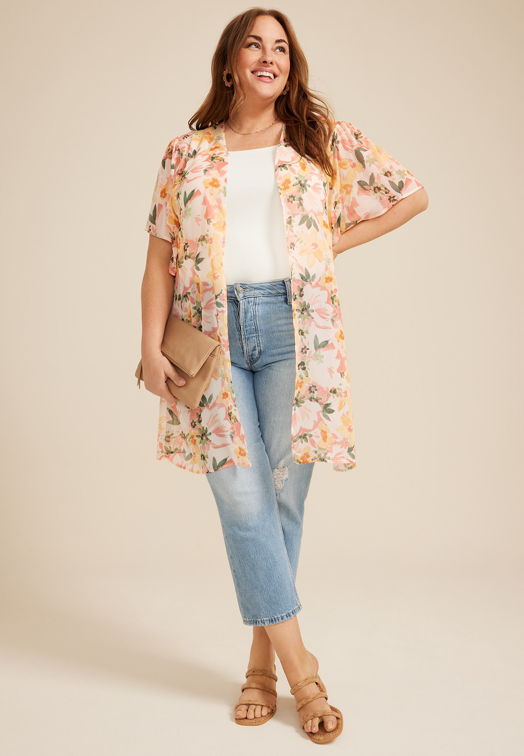 Plus Size Multi Floral Kimono, , large