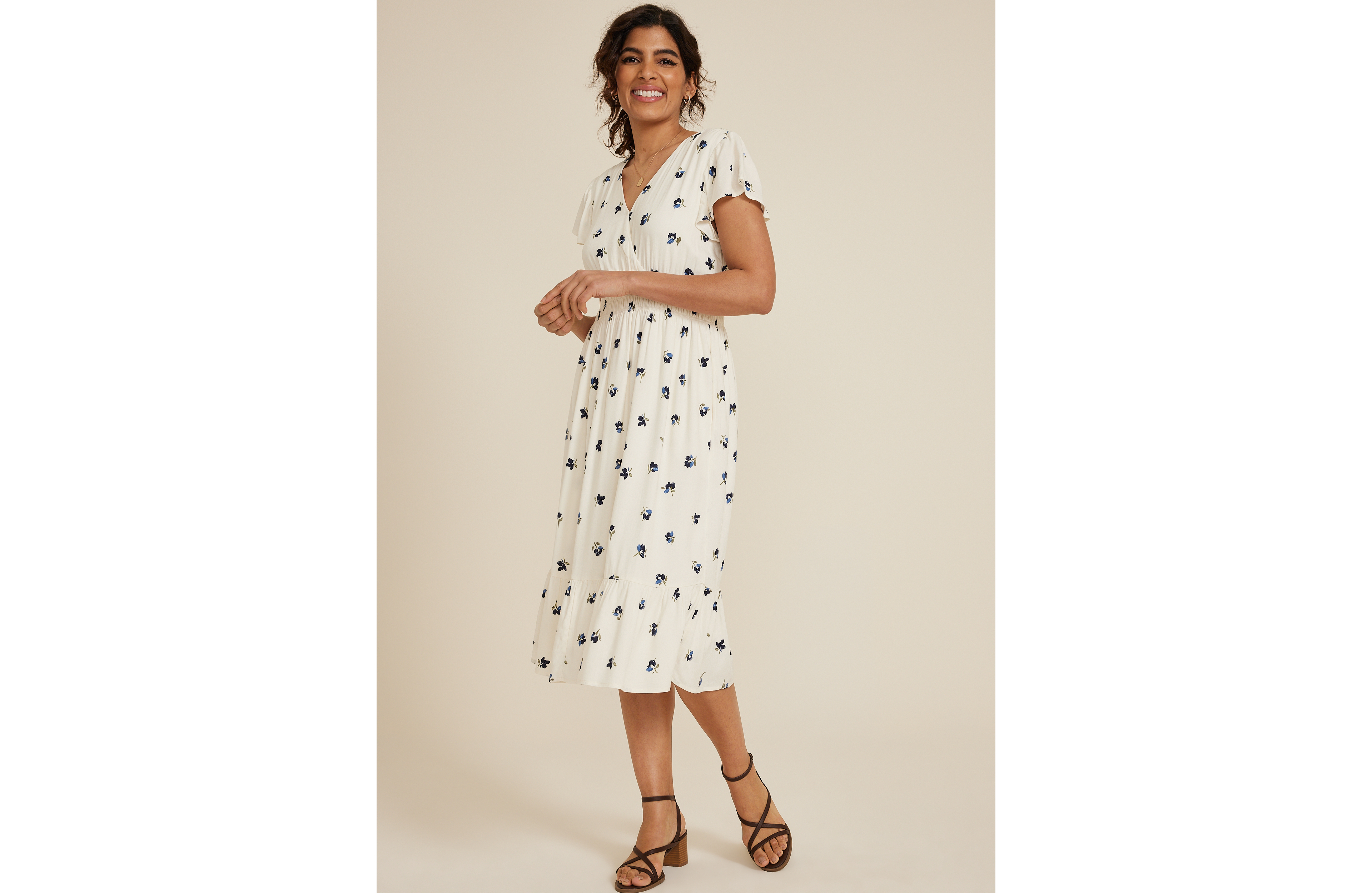 Flutter Sleeve V Neck Midi Dress