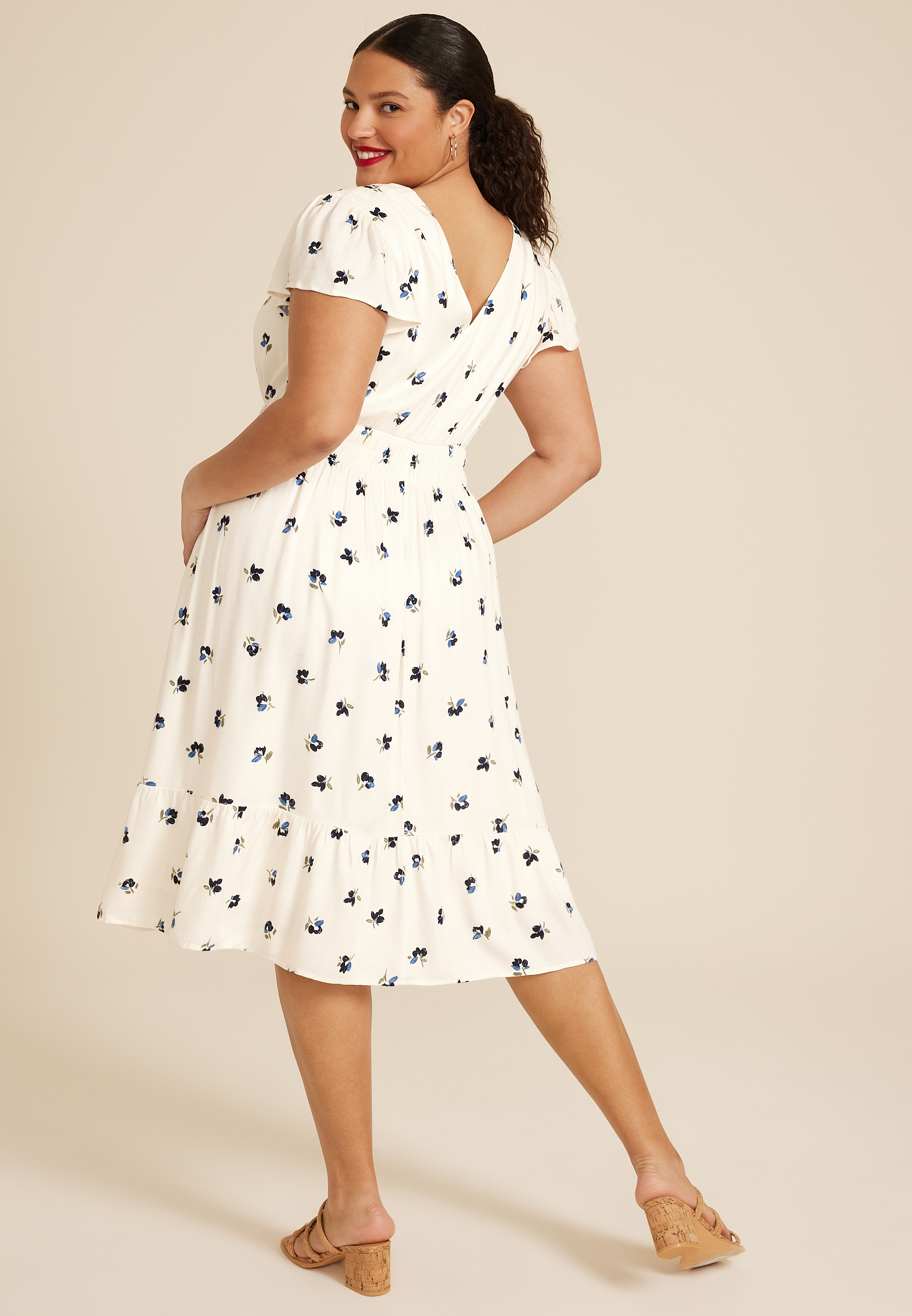 Plus Size Flutter Sleeve V Neck Midi Dress, C2380, large