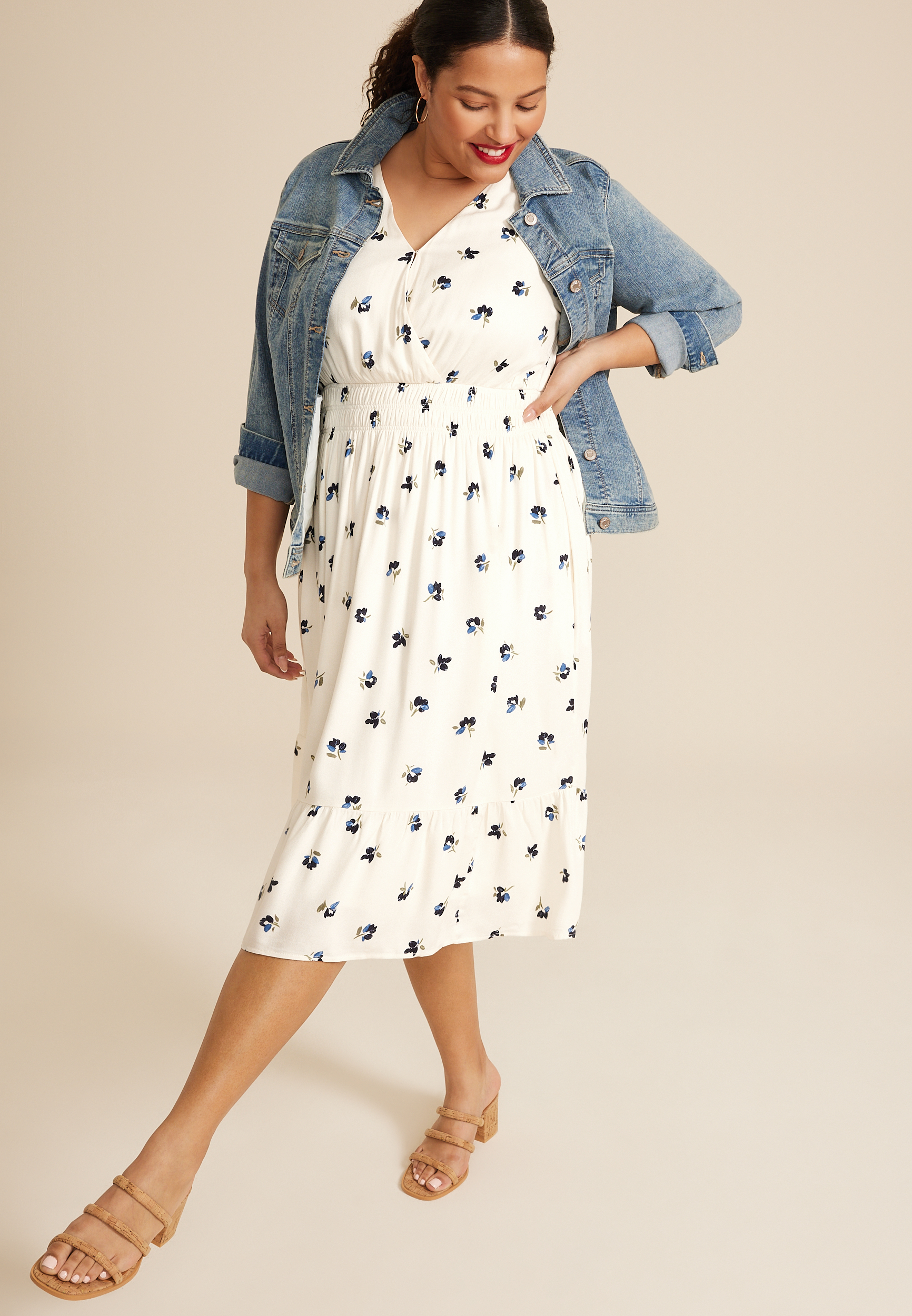 Plus Size Flutter Sleeve V Neck Midi Dress, C2380, large
