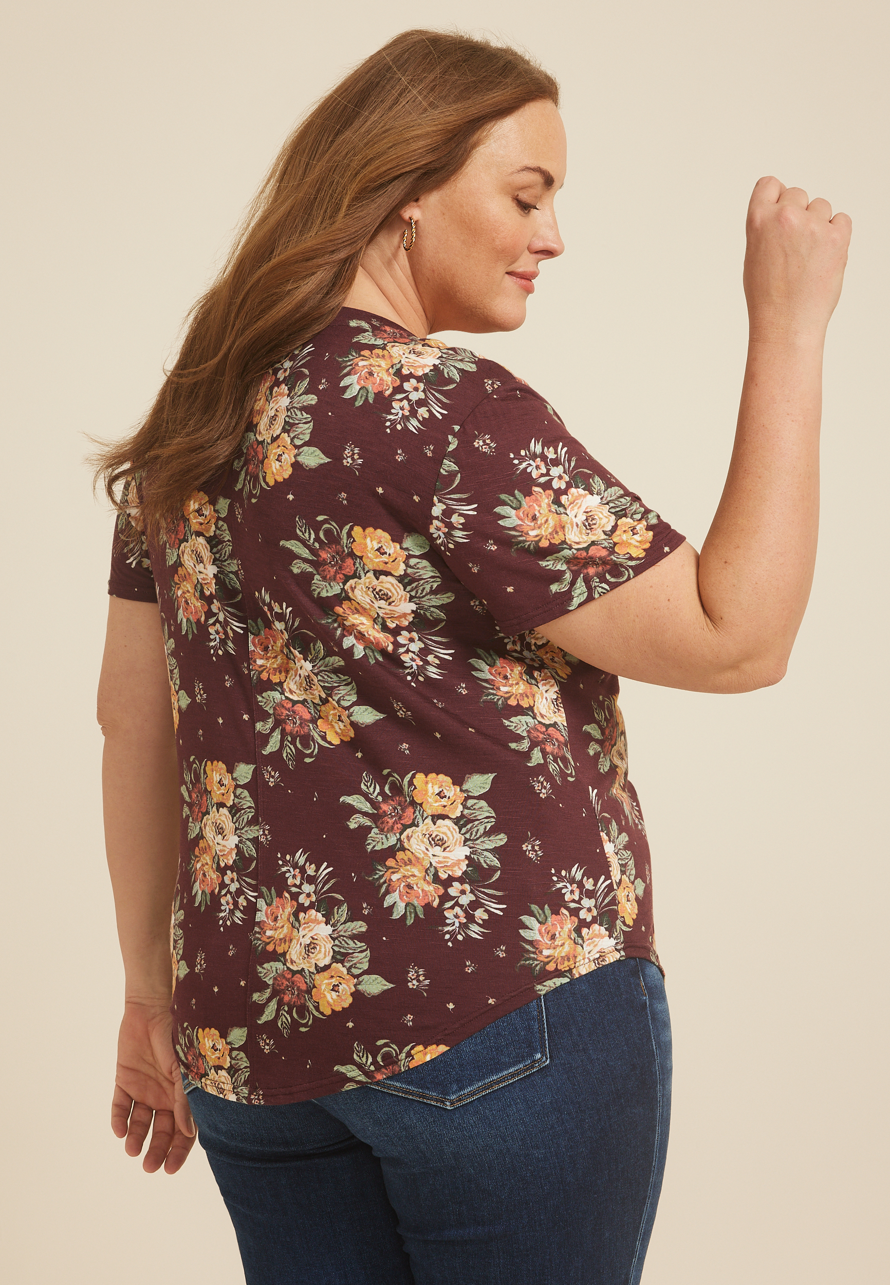 Plus Size 24/7 Floral V Neck Tee, C5032, large