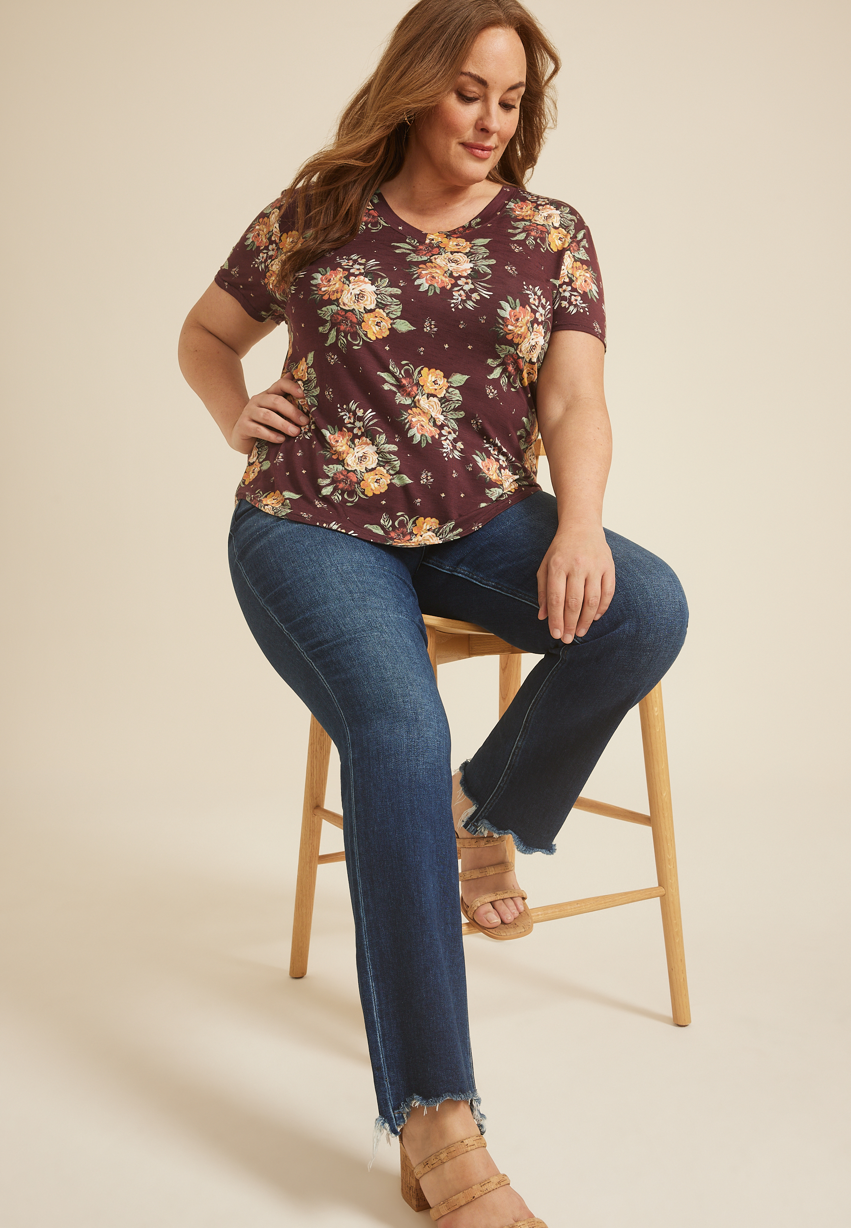 Plus Size 24/7 Floral V Neck Tee, C5032, large