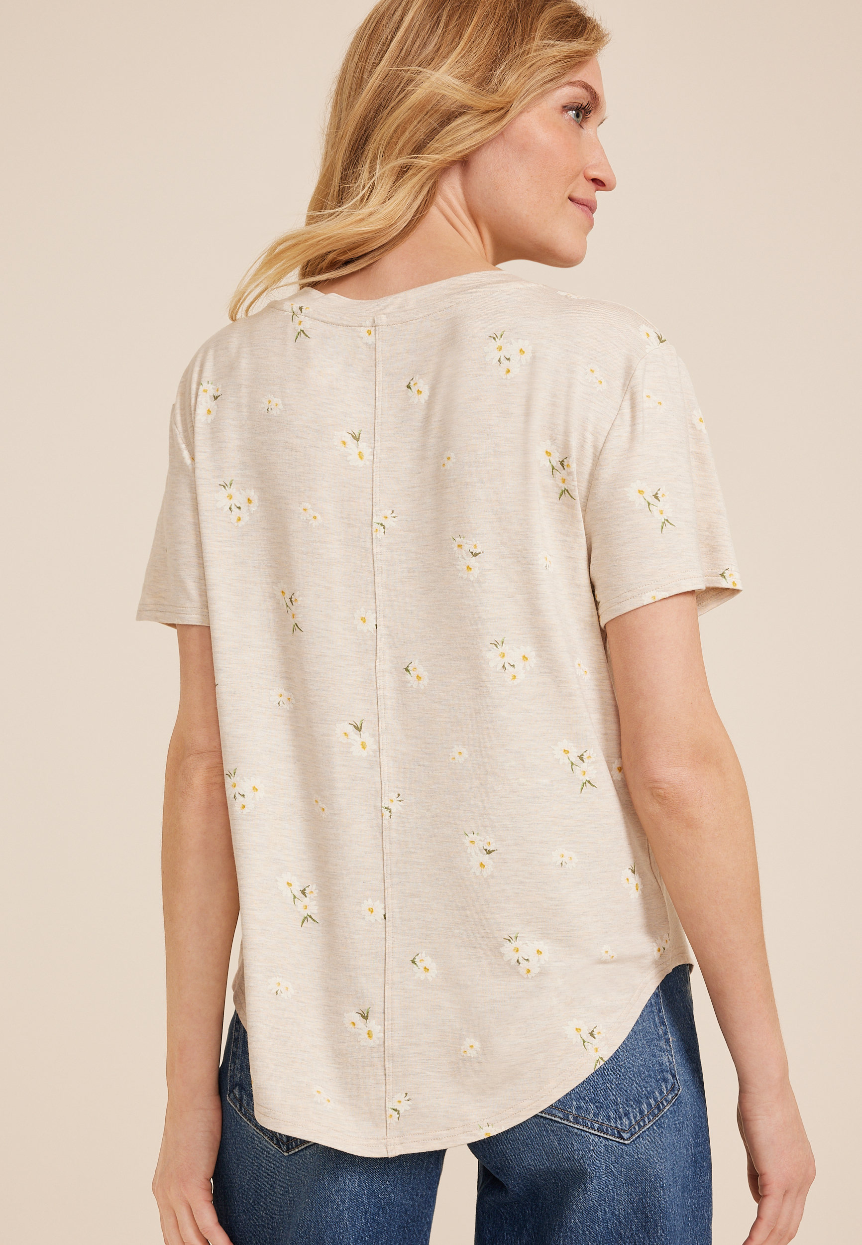 24/7 Floral V Neck Tee, OATMEAL COMBO, large