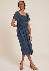 Smocked Eyelet Midi Dress, BLUE GEMSTONE, small