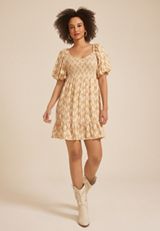 Smocked Bubble Sleeve Skater Dress, C9195, small