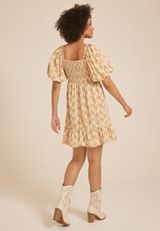 Smocked Bubble Sleeve Skater Dress, C9195, small