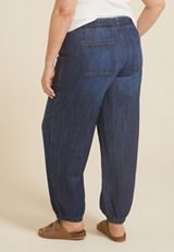 Plus Size Soft Dark Denim Mid Rise Drawstring Ankle Jogger, , small