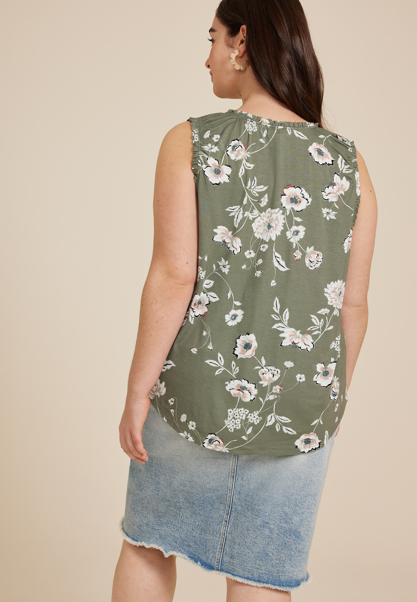 Plus Size Effortless Ruched Green Floral Tank Top, C6343, large