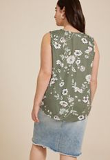 Plus Size Effortless Ruched Green Floral Tank Top, C6343, small