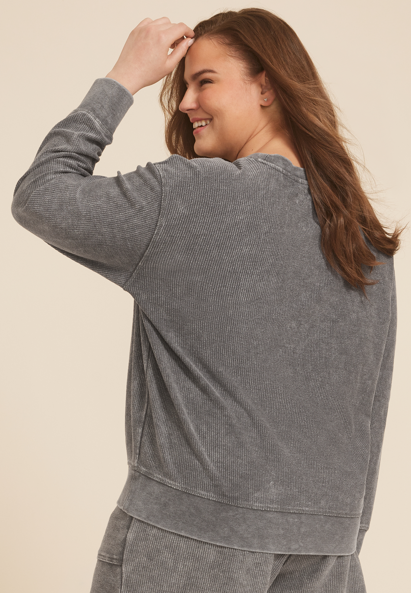Plus Size Corded Floral Crew Neck Sweatshirt, CHARCOAL, large