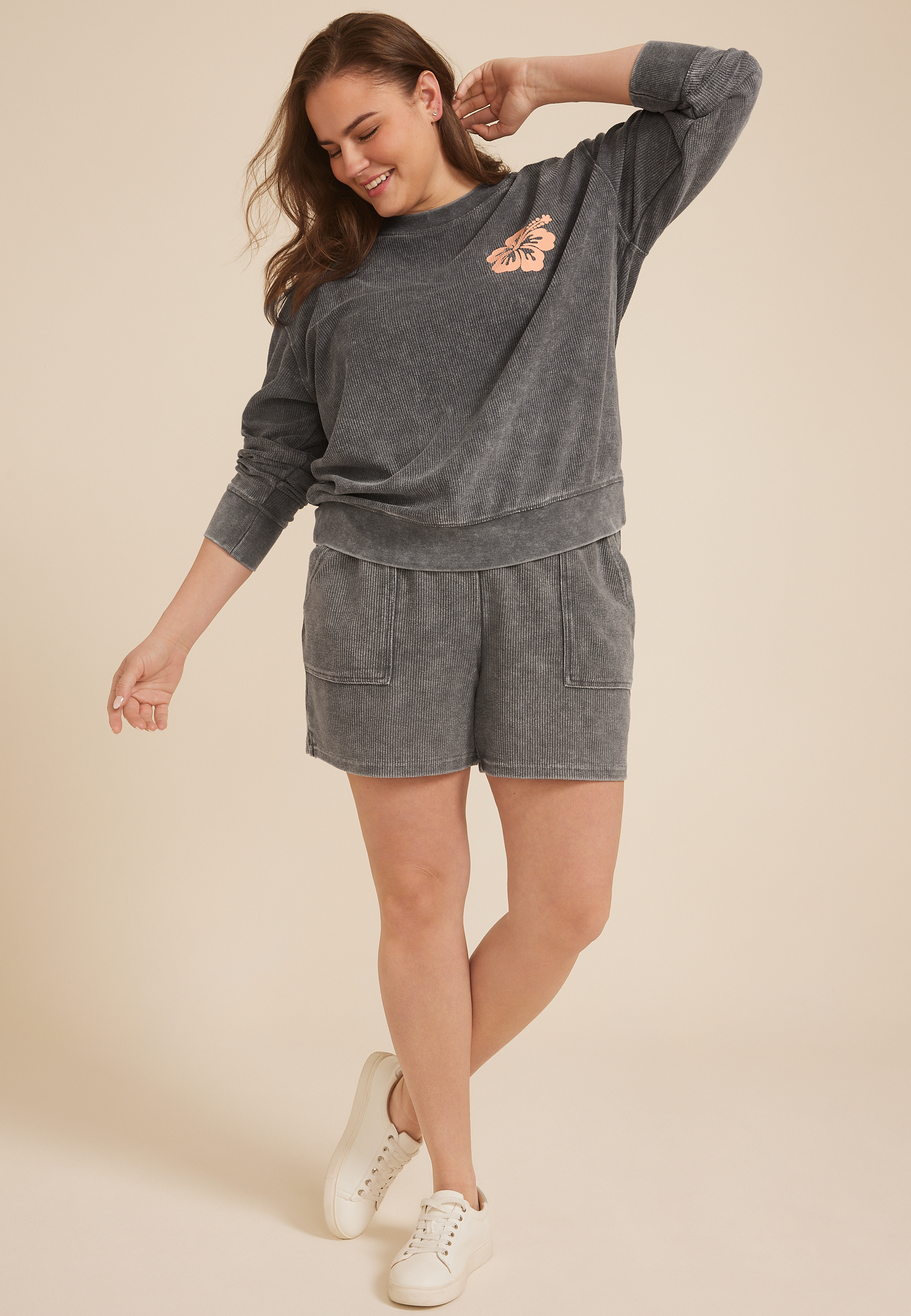 Plus Size Corded Floral Crew Neck Sweatshirt, CHARCOAL, large