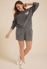 Plus Size Corded Floral Crew Neck Sweatshirt, CHARCOAL, small
