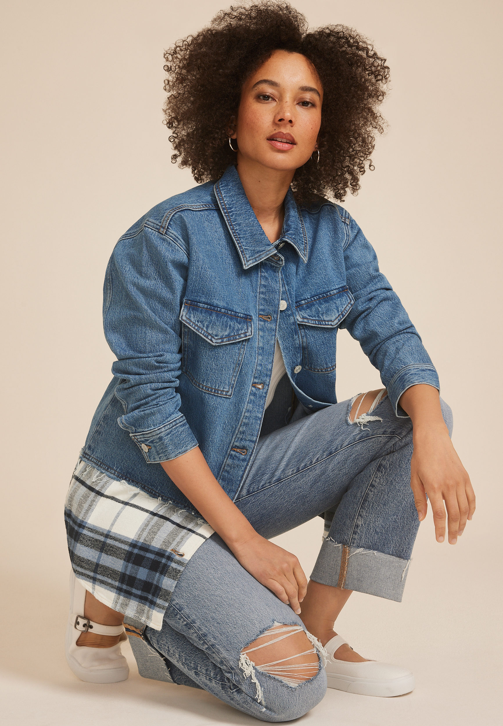 Denim Plaid Shacket, C3337, large