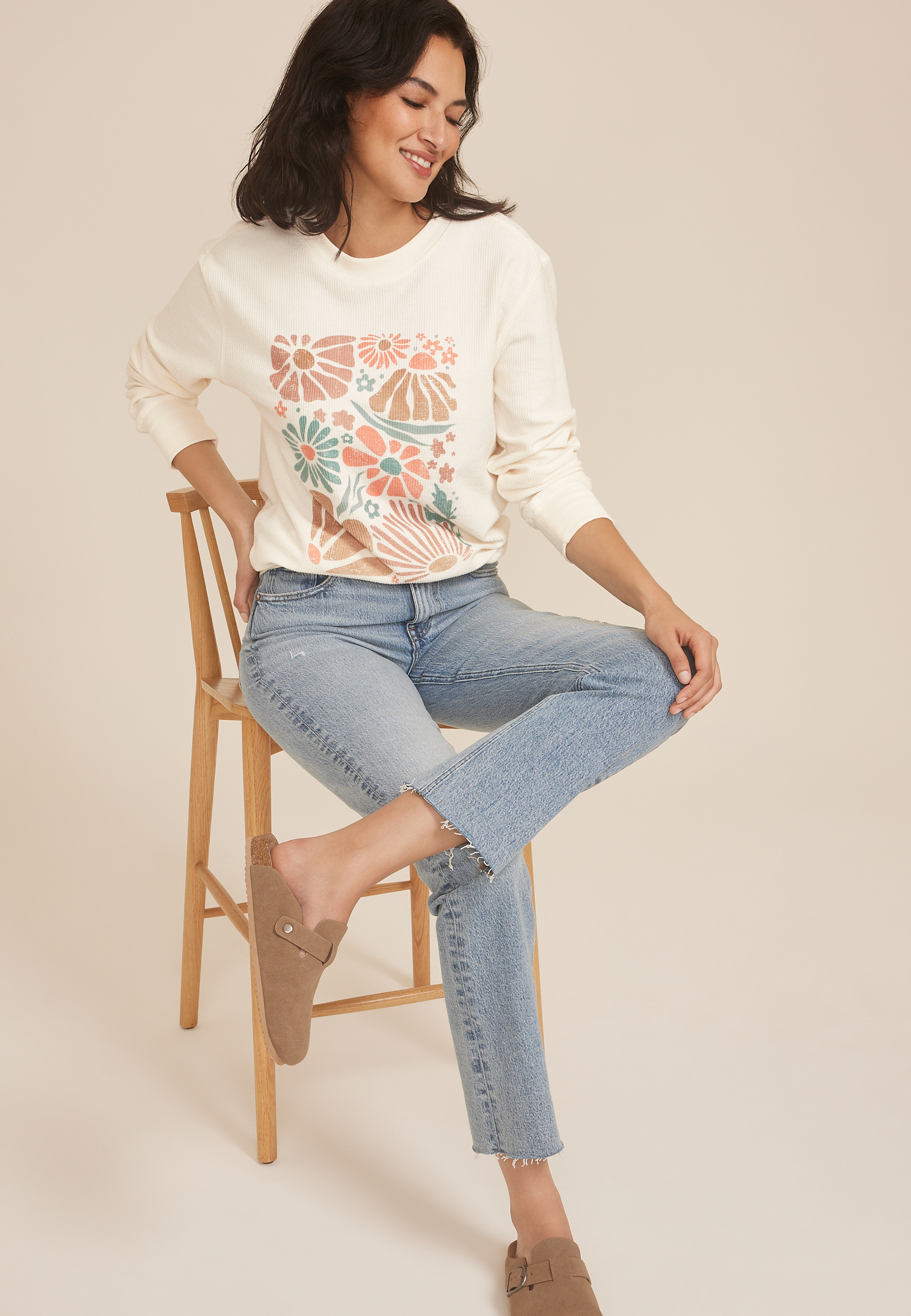 Corded Floral Crew Neck Sweatshirt, C2789, large