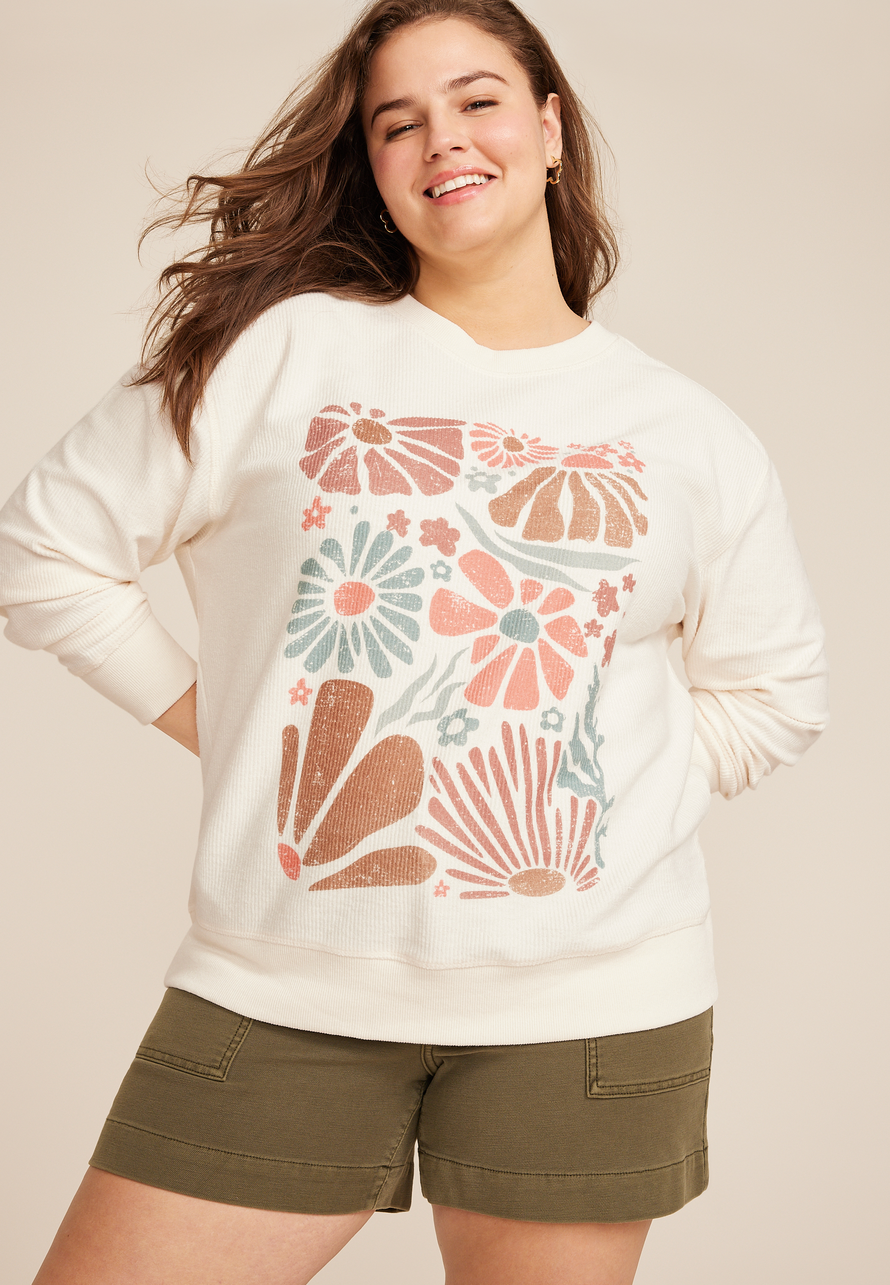 Plus Size Corded Floral Crew Neck Sweatshirt