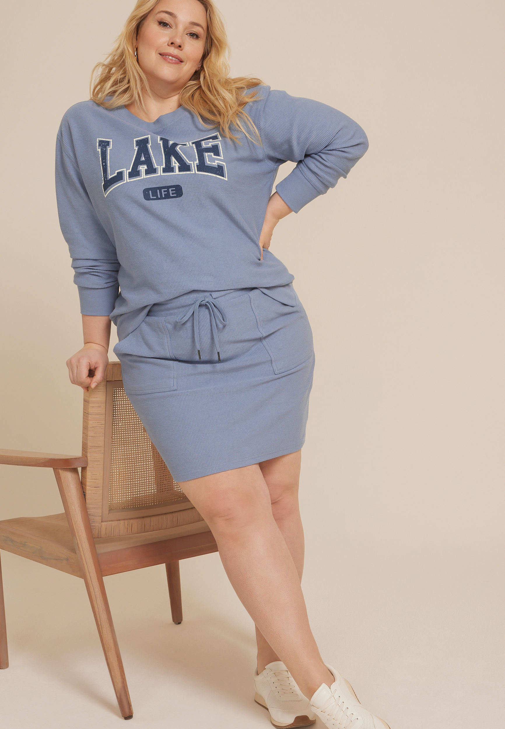 Plus Size Corded Lake Life Crew Neck Sweatshirt, C4656, large