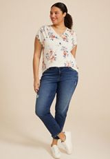 Plus Size 24/7 Fairhaven Floral  Pleated Tee, SOFT WHITE COMBO, small