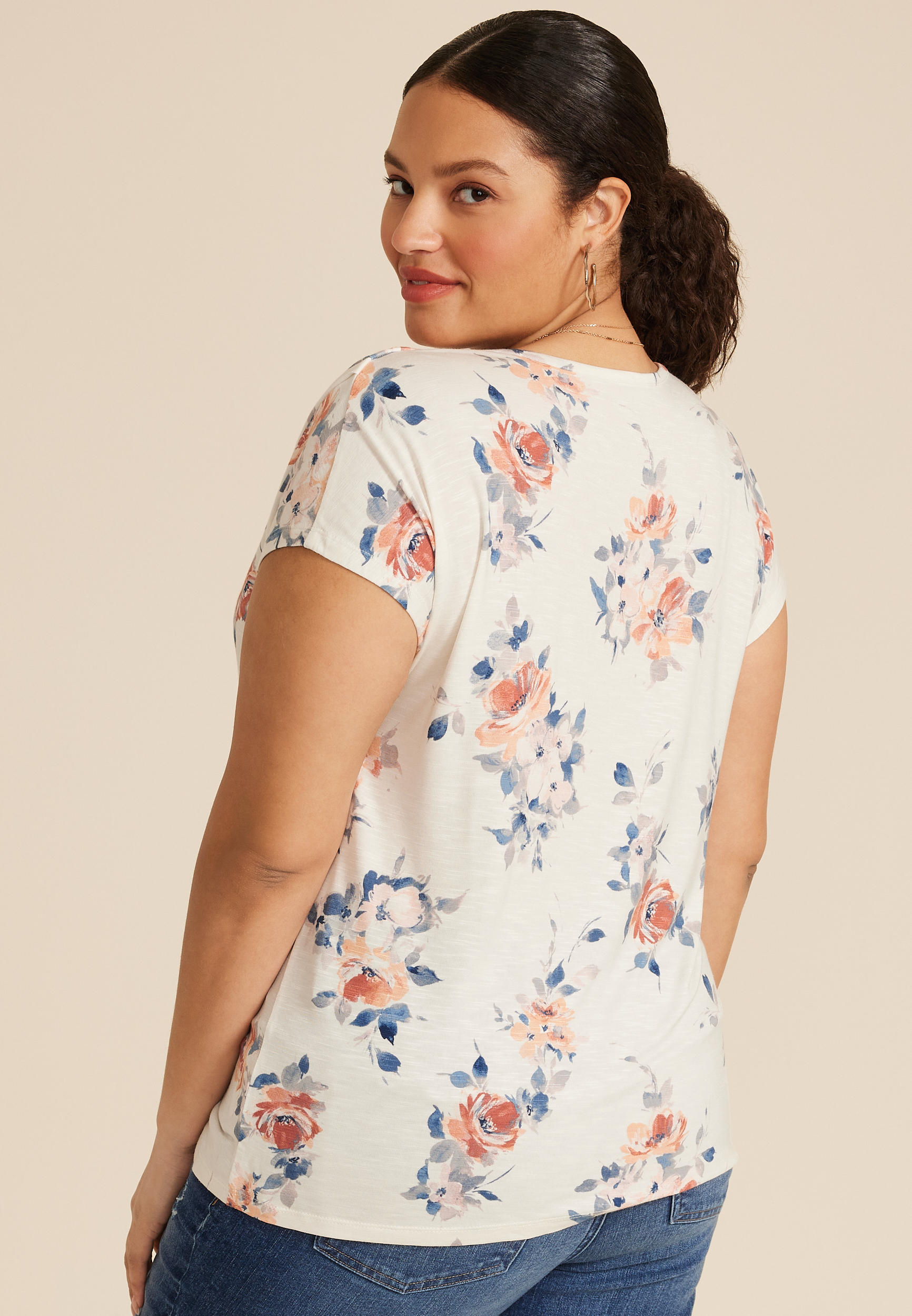 Plus Size 24/7 Fairhaven Floral  Pleated Tee, SOFT WHITE COMBO, large