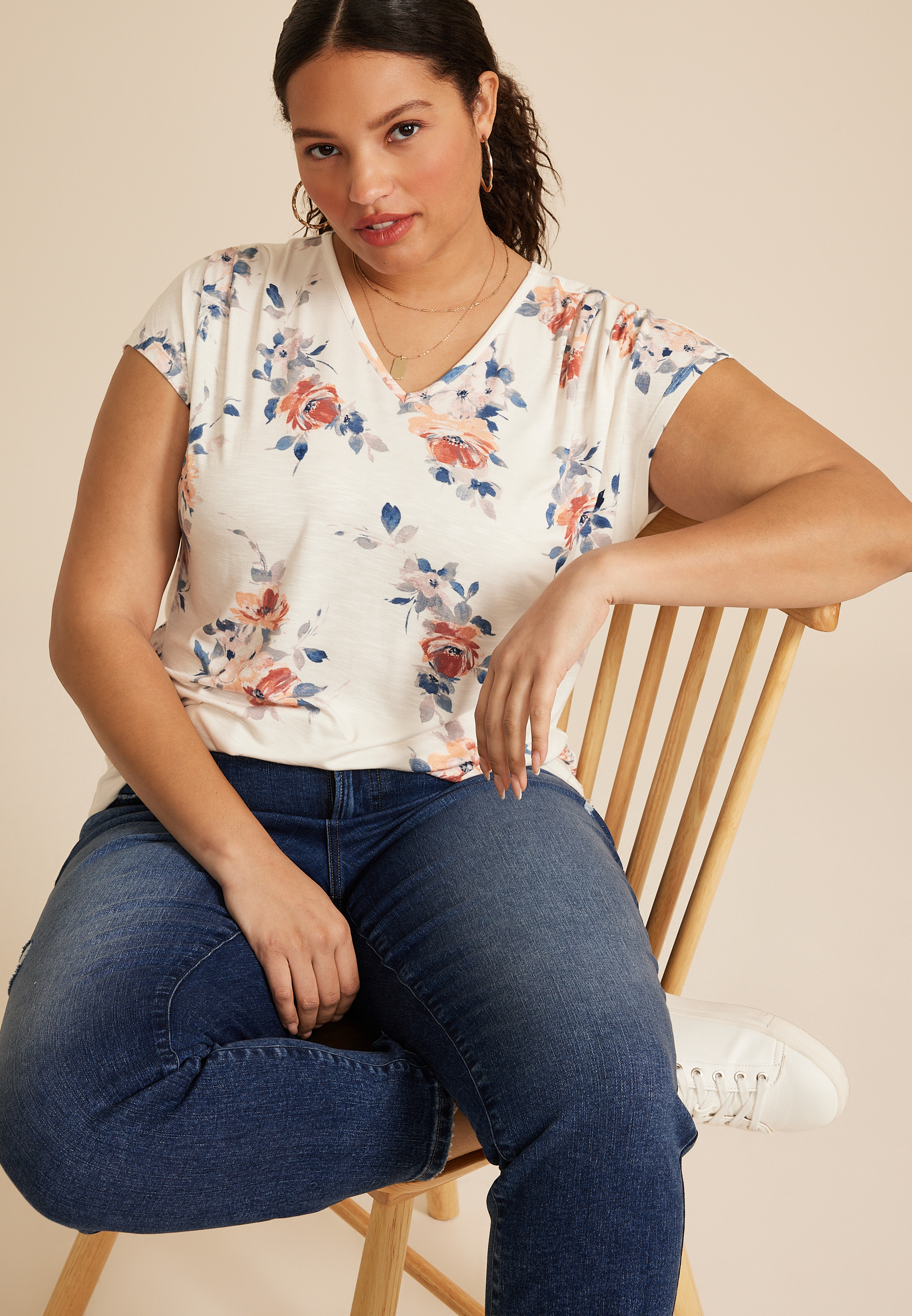 Plus Size 24/7 Fairhaven Floral  Pleated Tee, SOFT WHITE COMBO, large